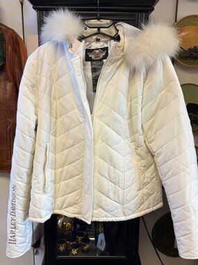 Harley-Davidson Women's XL White Quilted Hooded Winter Jacket Faux Fur Trim